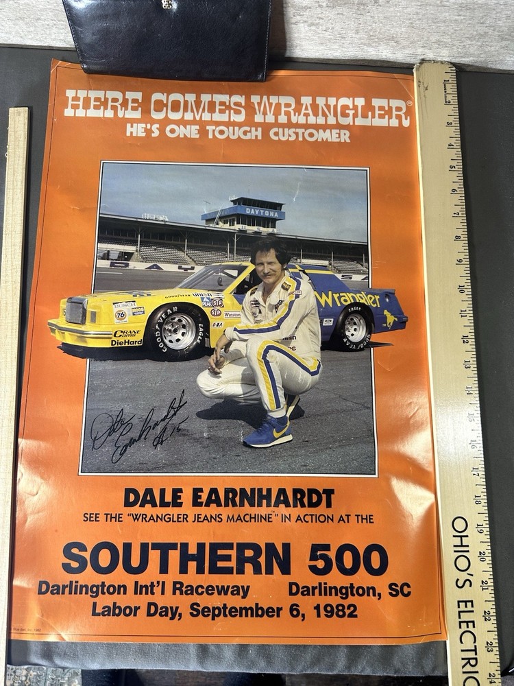Dale Earnhardt HERE COMES WRANGLER 22” Poster Southern 500 1982 Vintage NASCAR