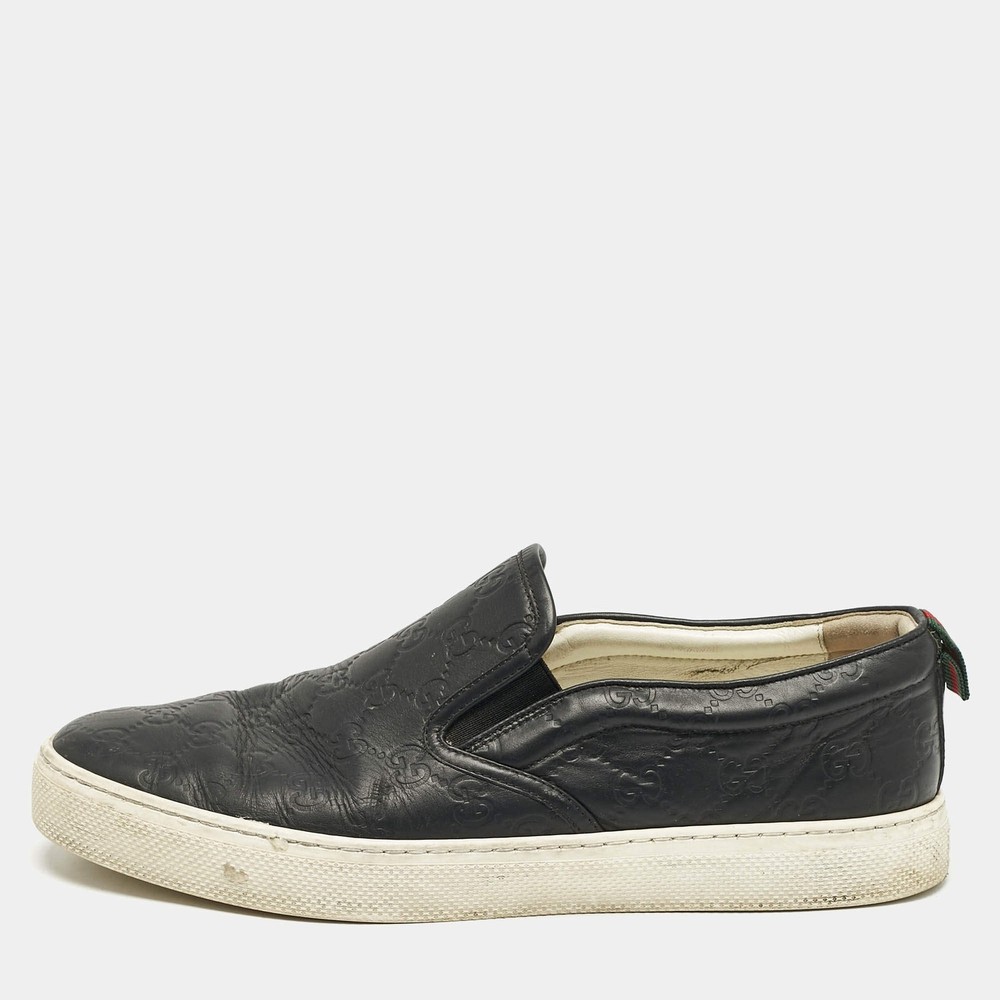 Gucci Black Guccissima Leather Slip On Sneakers Size 445