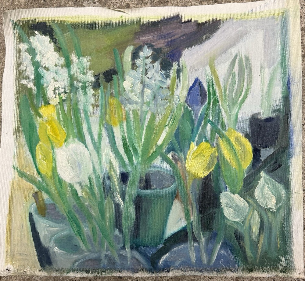 Vintage Painting on canvas: Arranging  flowers on a spring morning c. 1950