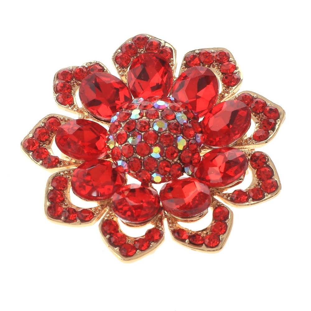 Gold Tone Alloy Metal Medium Crystal Rhinestone Flower Brooch P1582-RED