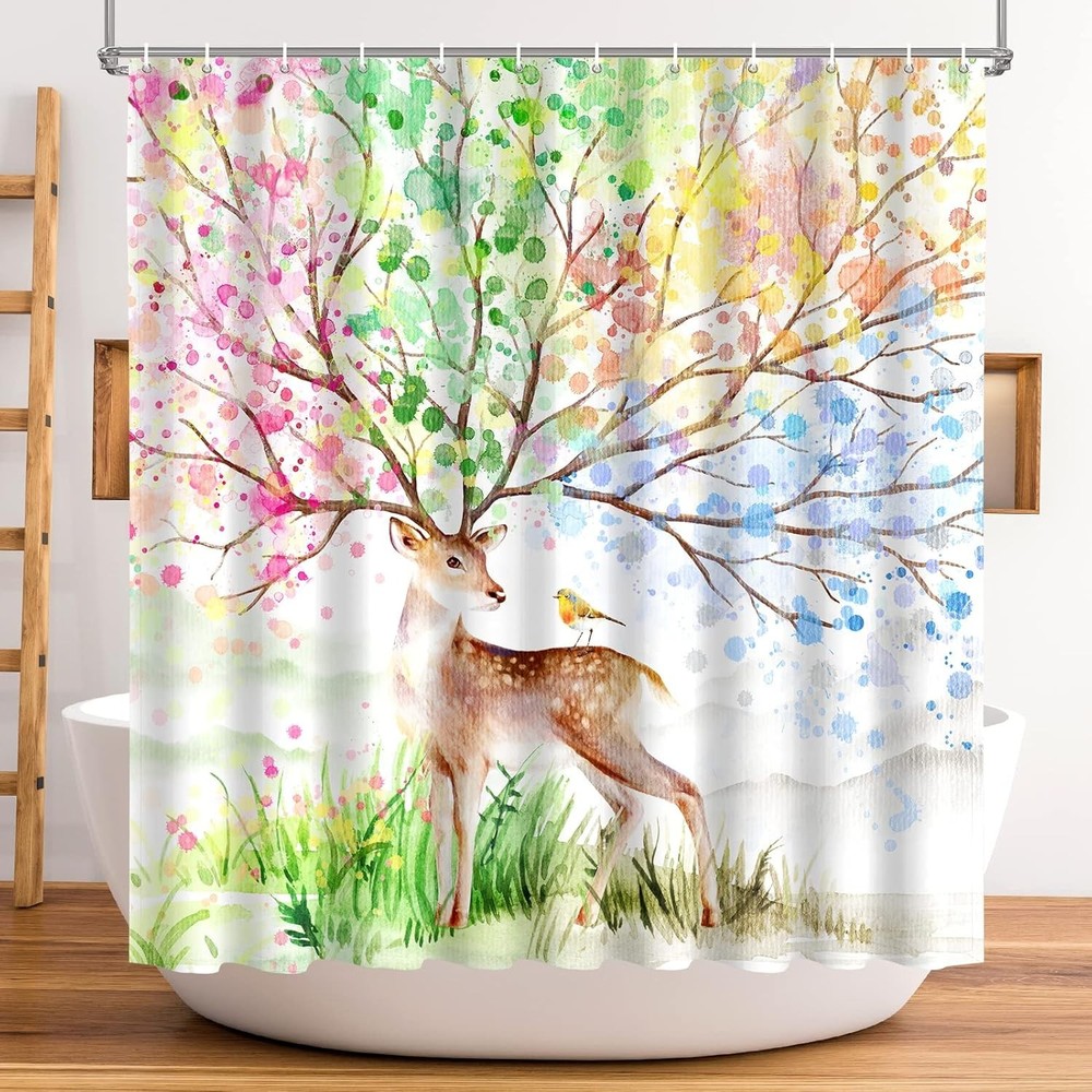 Shower Curtain Tree of Life, Deer Bird Shower Curtains for Bathroom with Hooks,