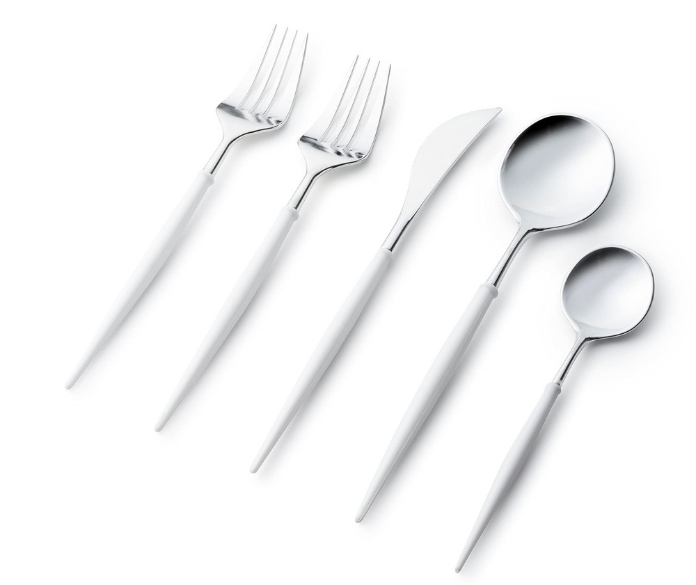 Elegant Silver Cutlery Set with White Handles – 8 Knives, Spoons, and Forks