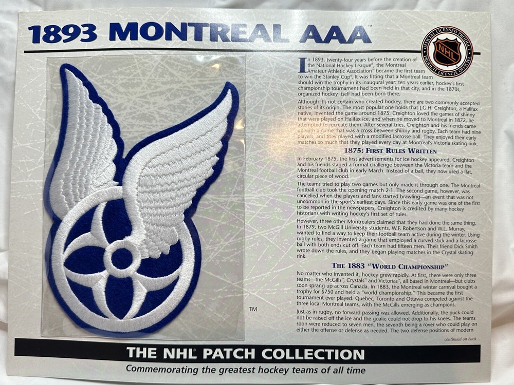 Willabee & Ward 1893 Montreal AAA NHL Hockey Patch Collection on Stat Card