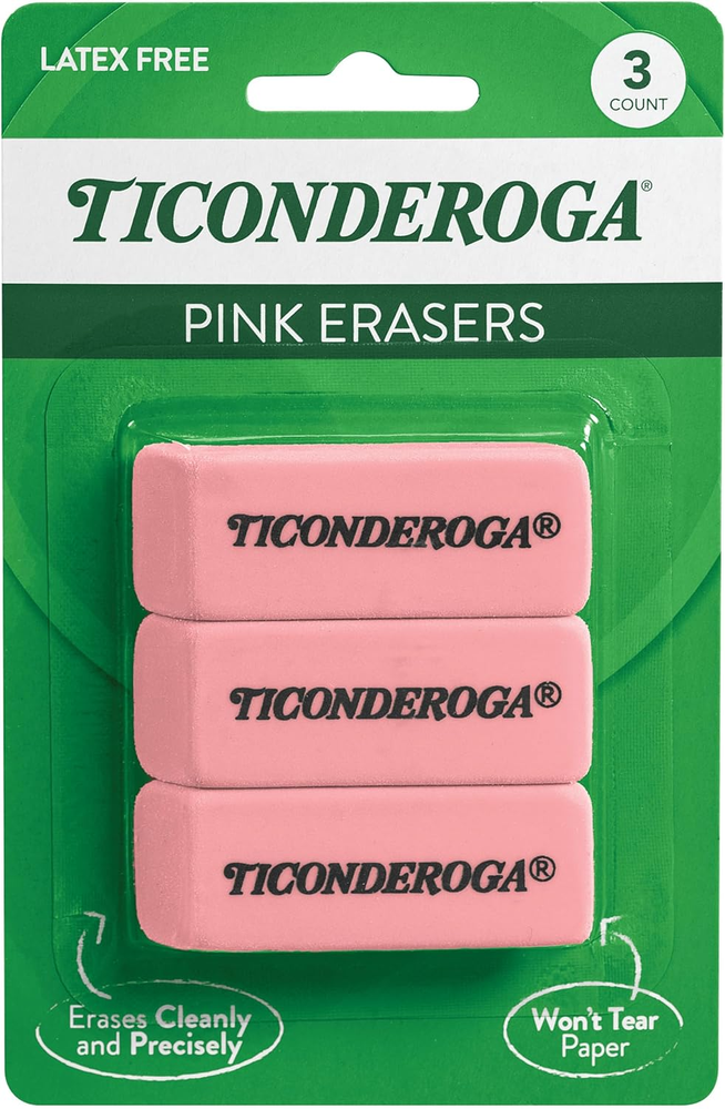 Ticonderoga Pink Wedge Erasers, 3-Pack, Premium Quality for Precise Erasing