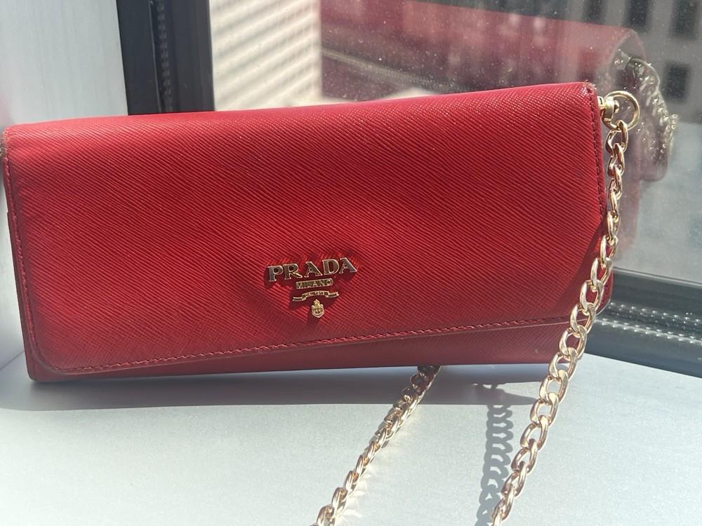 Prada Red Leather Wallet On Chain Crossbody Bag EUC Excellent Condition