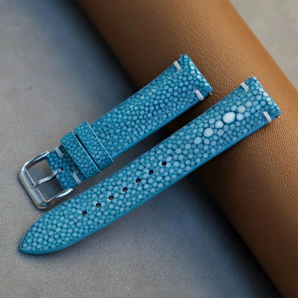 Sky Blue Stingray Watch Strap, Quick Release Leather Watch Band, Buckle