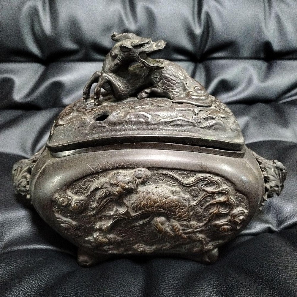 Bronze Incense Burner 8.6 in Qilin Vintage Japanese Censer Sculpture