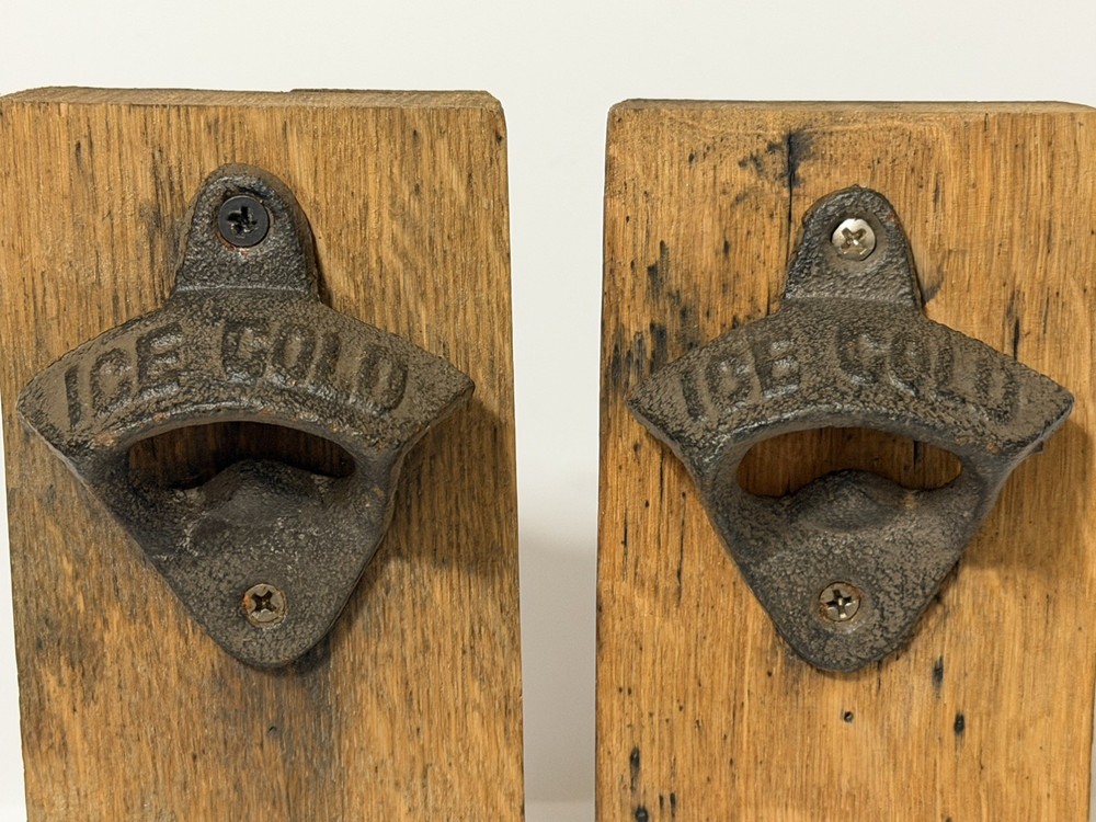 2 Beer Bottle Opener Wall Mounted Vintage Retro Metal on Wood ICE COLD Logo
