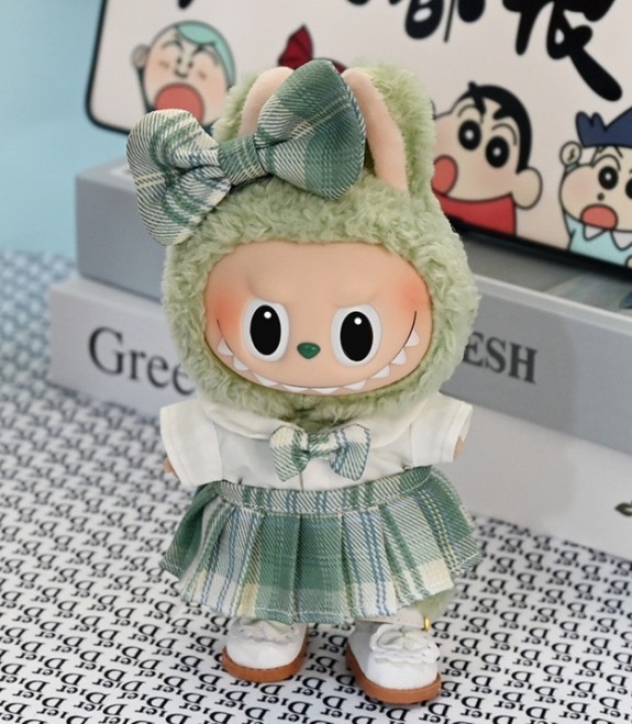 (No Dolls) Butterfly Skirt For 17/15cm POP MART LABUBU Green Dress Set Shoes