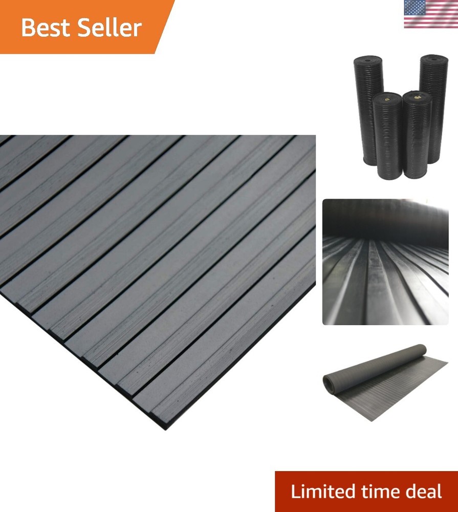 Wide Rib Corrugated Rubber Floor Mat, 3 mm Thick x 4' x 8' Utility Runner, Black