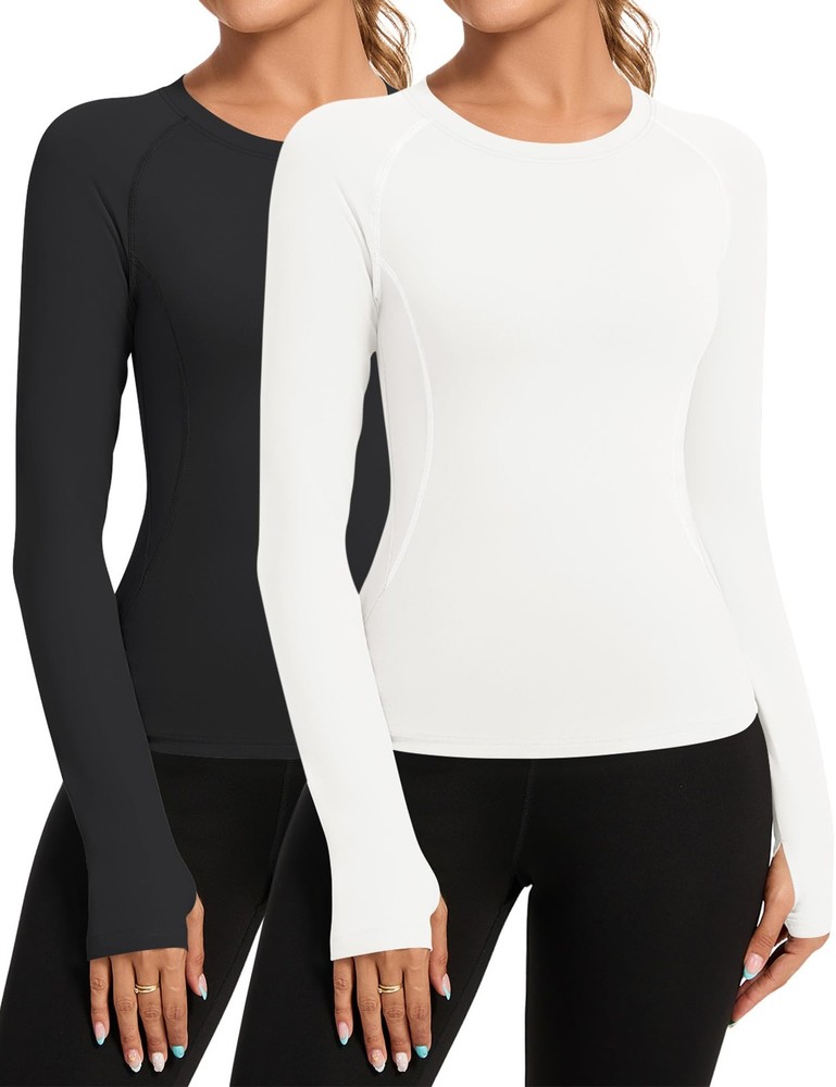Gym Clothes for Women Workout Long Sleeves Tops 2 Pack Active Crewneck Athlet...