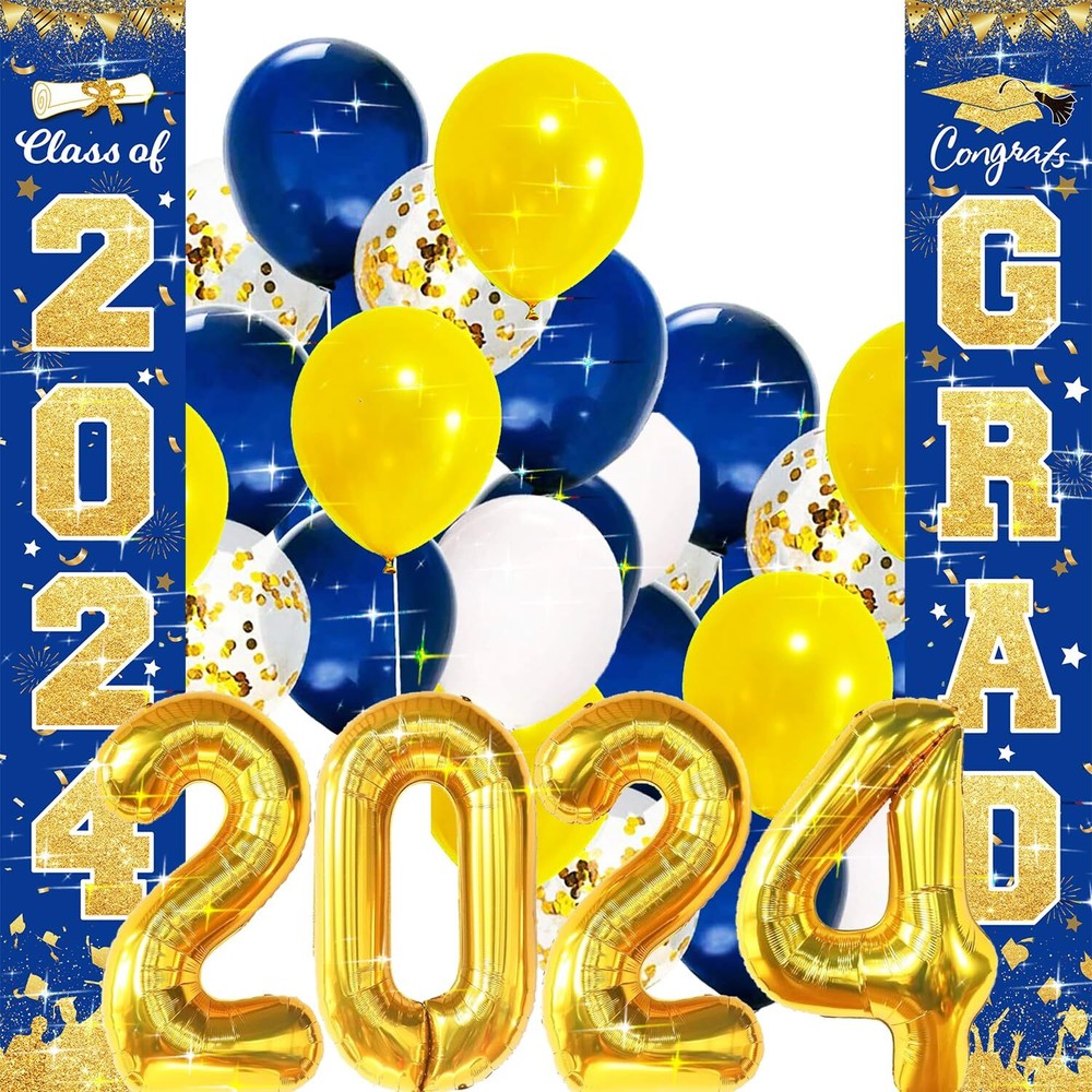 Navy Blue Gold 2024 Graduation Party Decorations with Yellow Accents