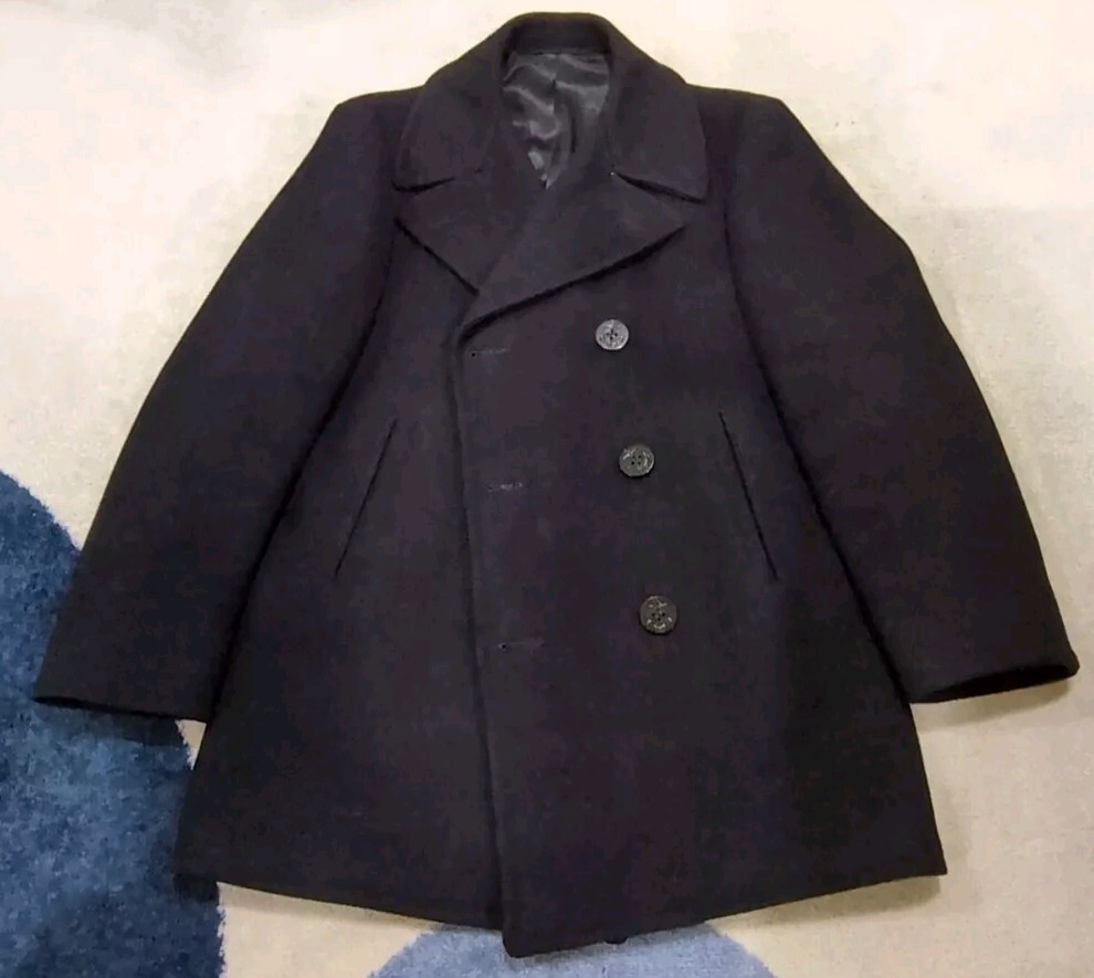 Vintage United States Navy Wool Peacoat Jacket Kersey Dark Blue Button Size 38R