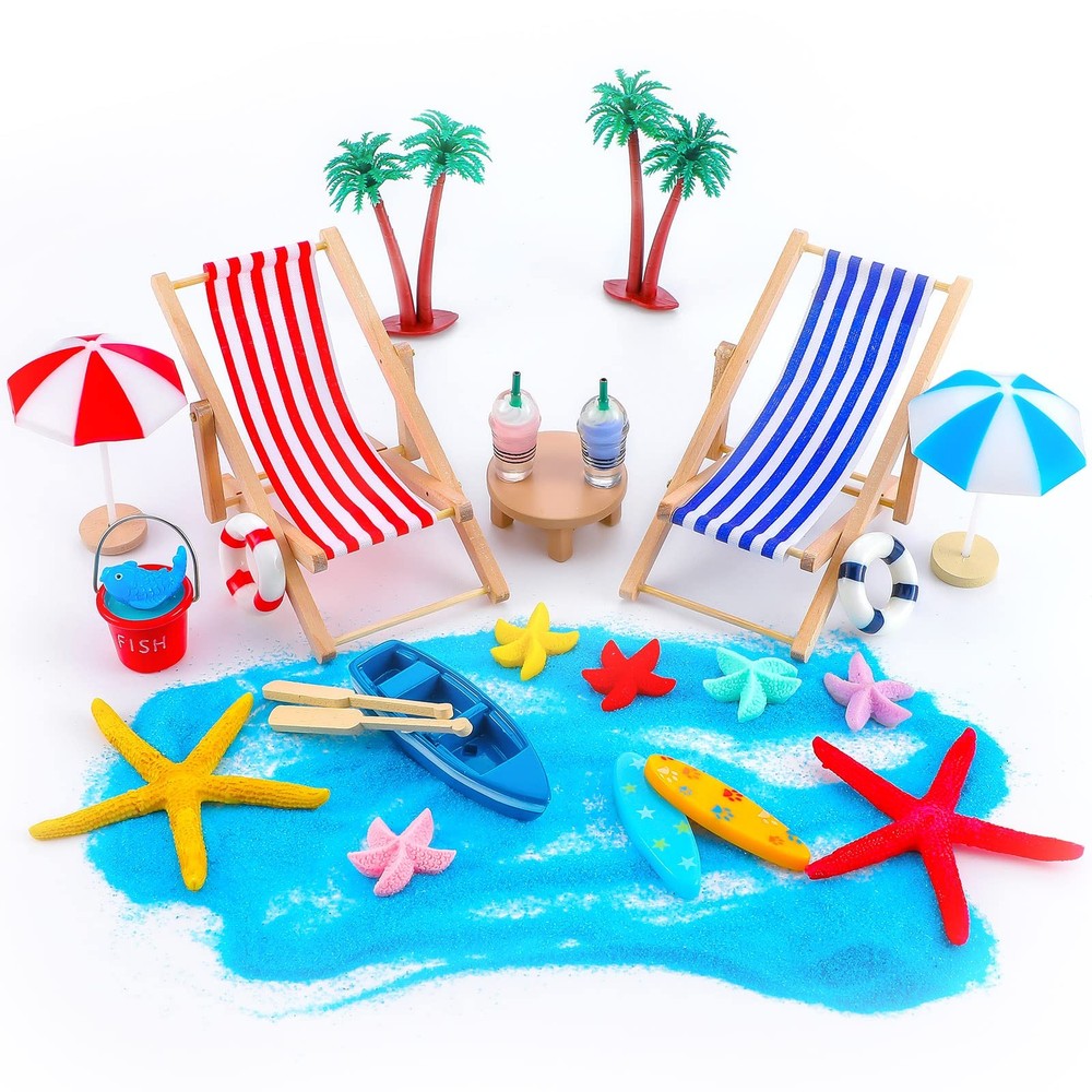 25 Pcs Mini Beach Dollhouse Decor with Umbrella, Palm Tree & Chair Accessories