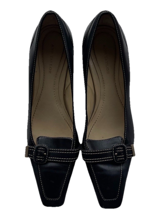 Vintage Ann Taylor Black Kitten Heels Square Toe Buckle Stitch Size 7