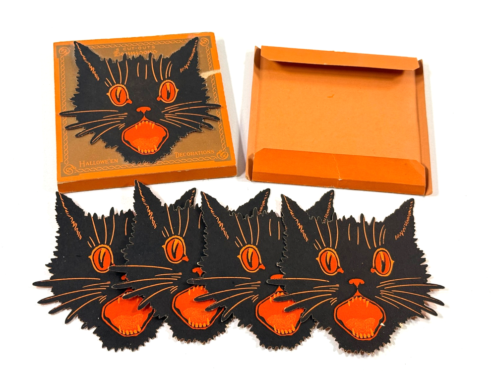 vtg Dennison Halloween Screeching Black Cat LARGE Diecut BOX (x4)