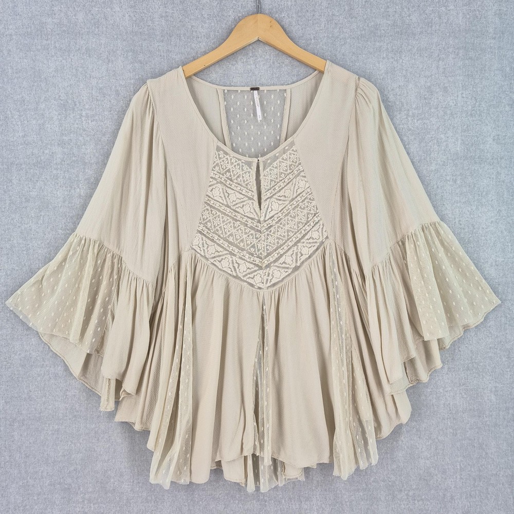Free People Emotion Fairy Boho Blouse Women M Beige Embroidery Sheer Bell Sleeve