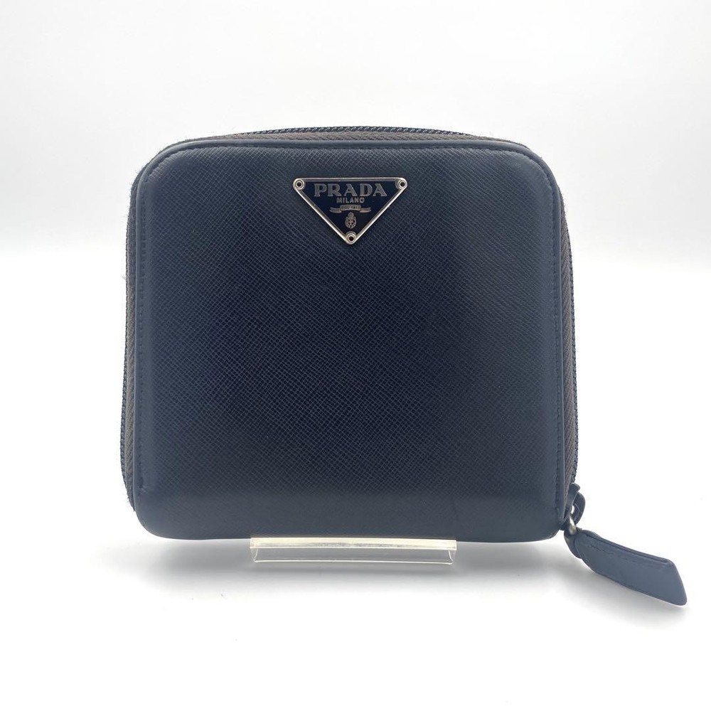 Prada Saffiano Leather Triangle Logo Zip Bifold Wallet in Black