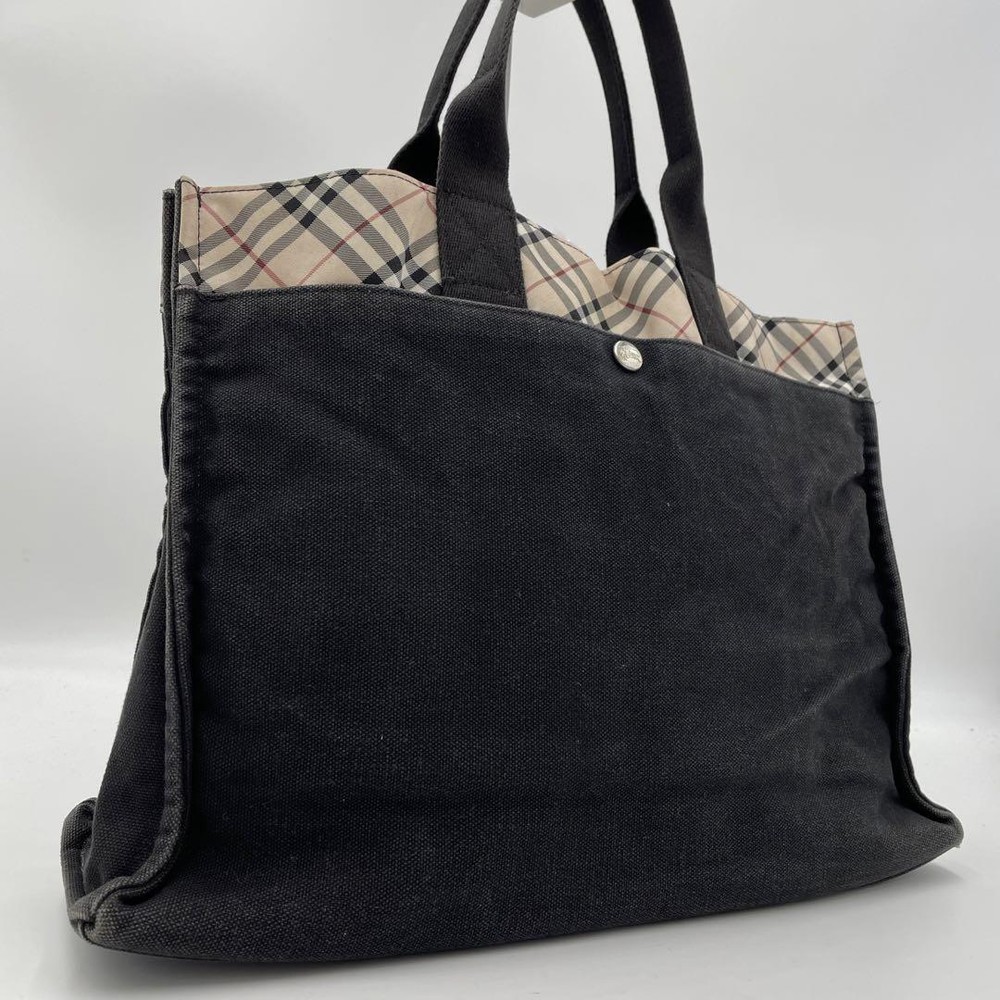 Burberry Tote Bag Nova Check Silver Button Horse Logo Black A4