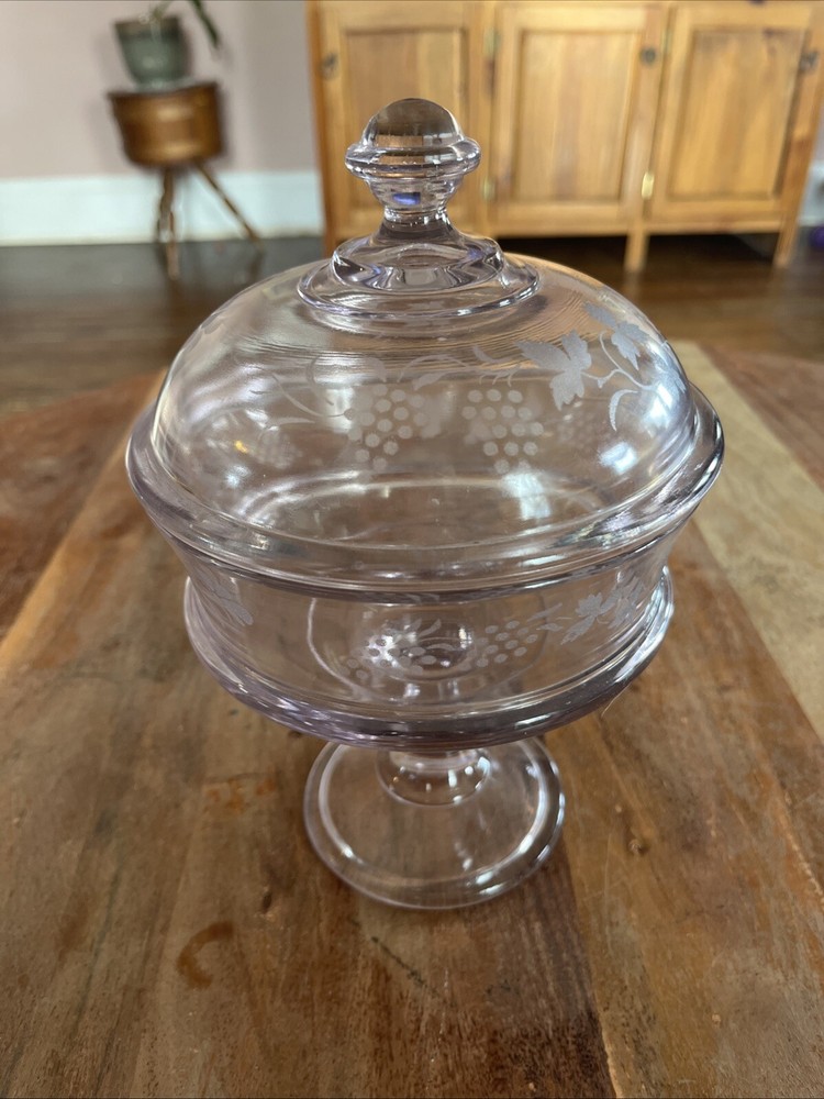 Purple Detailed Leaf & Grape Pattern Etched Candy Dish with Lid 10” Tall