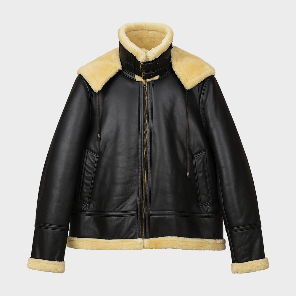 Men's Black Shearling Aviator Leather Jacket with Detachable Hood