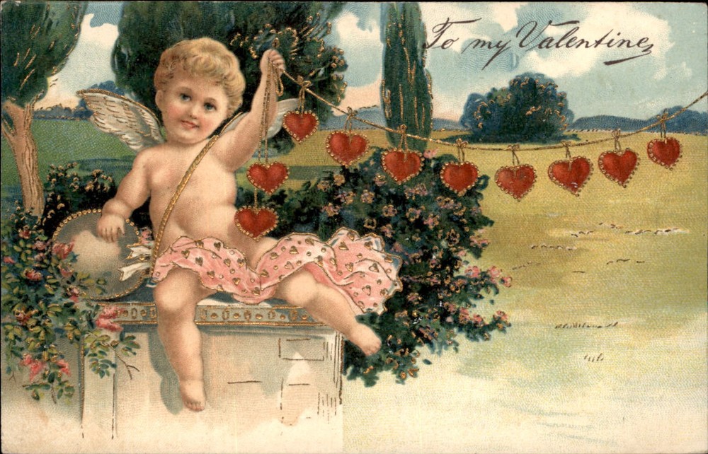 Valentine Cupid Heart Garland Beautifully Gilt Embossed Vintage Postcard