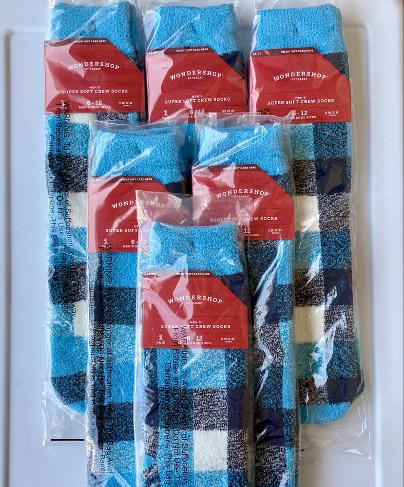 6 Pack - WonderShop Mens Blue Black White Plaid Super Soft Crew Socks Size 6-12