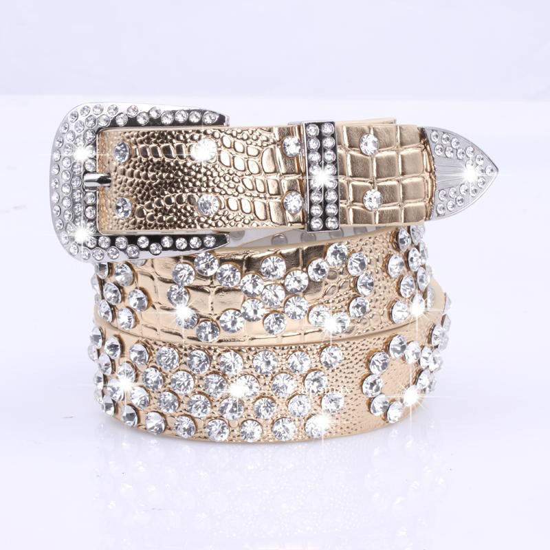 Women PU Leather Belt Glitter Crystal Rhinestone Studded Bling Waistband Fashion