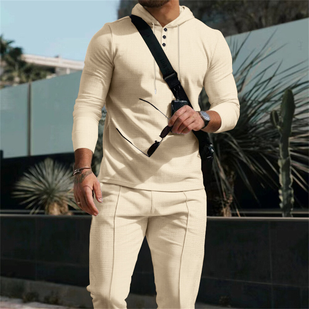 Men Waffle Tracksuit Outfit 2-Piece Set Long Sleeve Sweatshirt and Pants Suits