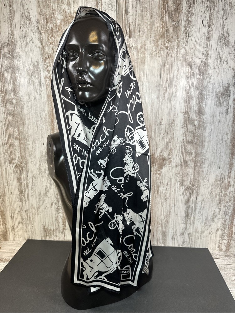 Coach Black & White Carriage Horse Silk Scarf 60x10