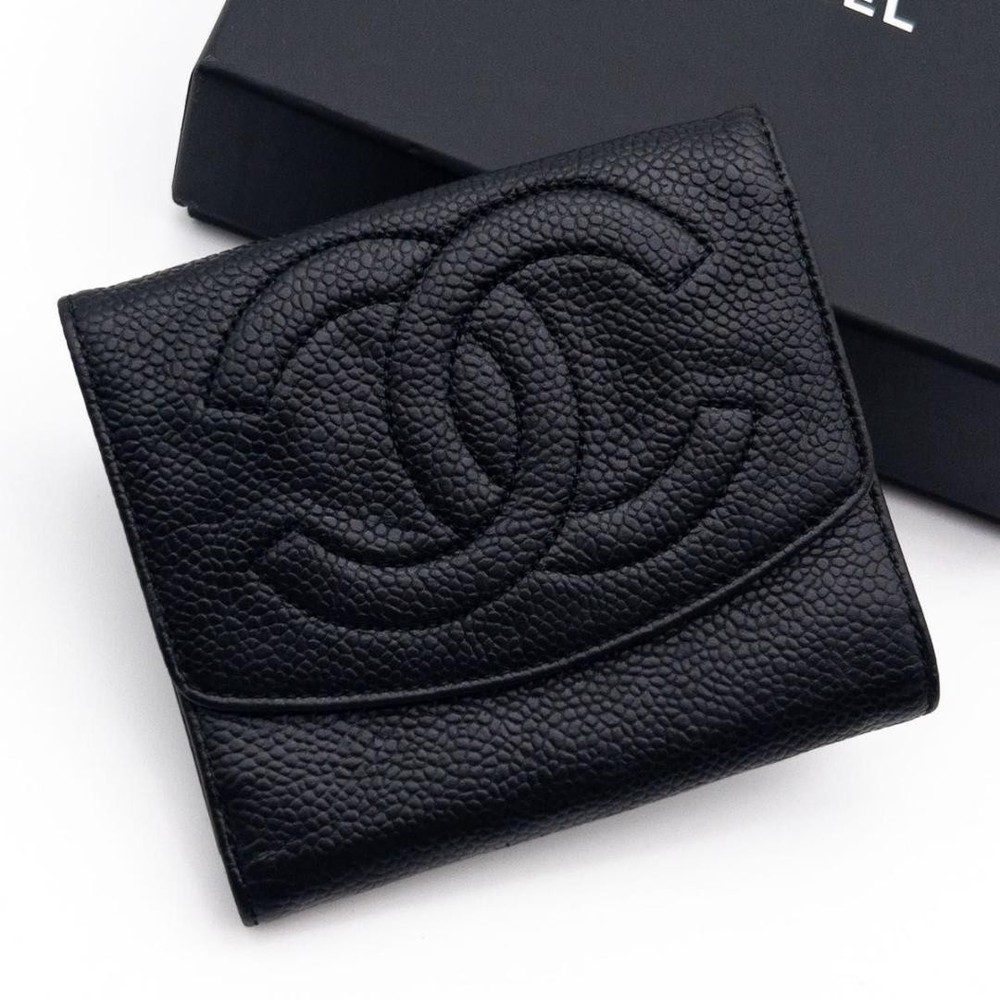 Chanel Double-Hook Bifold Wallet Black Caviar with Big Coco Logo