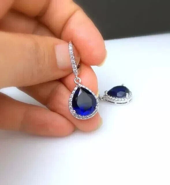 Women's 14k White Gold Plated 2Ct Pear Simulated Sapphire Drop Earrings