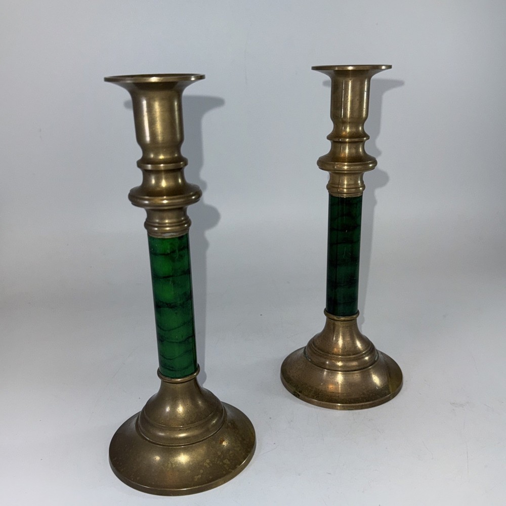 Andrea by Sadek Brass Green Stone Column Hollywood Regency MCM 8.5” Regency