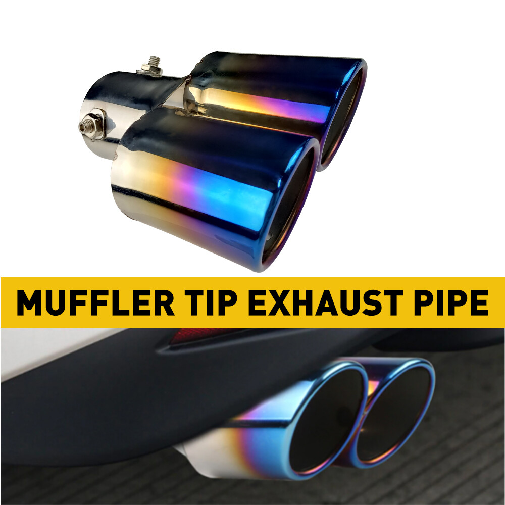 Universal Car Straight Dual Pipe Exhaust Tail Tip Muffler Steel Stainless Blue X