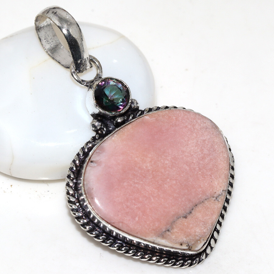 925 Silver Plated Peruvian Pink Opal Mystic Topaz Long Pendant Size 2