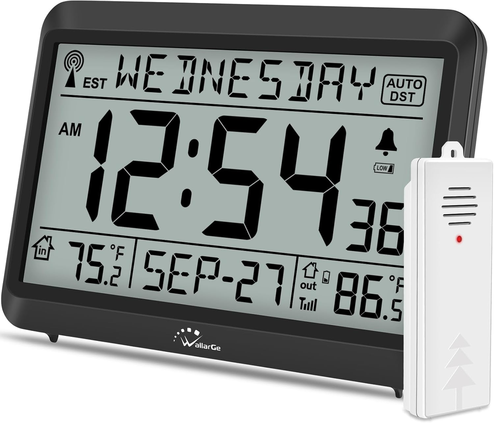 Self-setting atomic digital wall clock with indoor outdoor temperature display