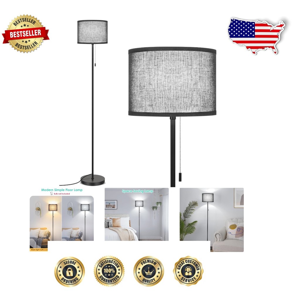 Sturdy Pull Chain Design Floor Lamp - Energy Efficient Black Cylindrical Light