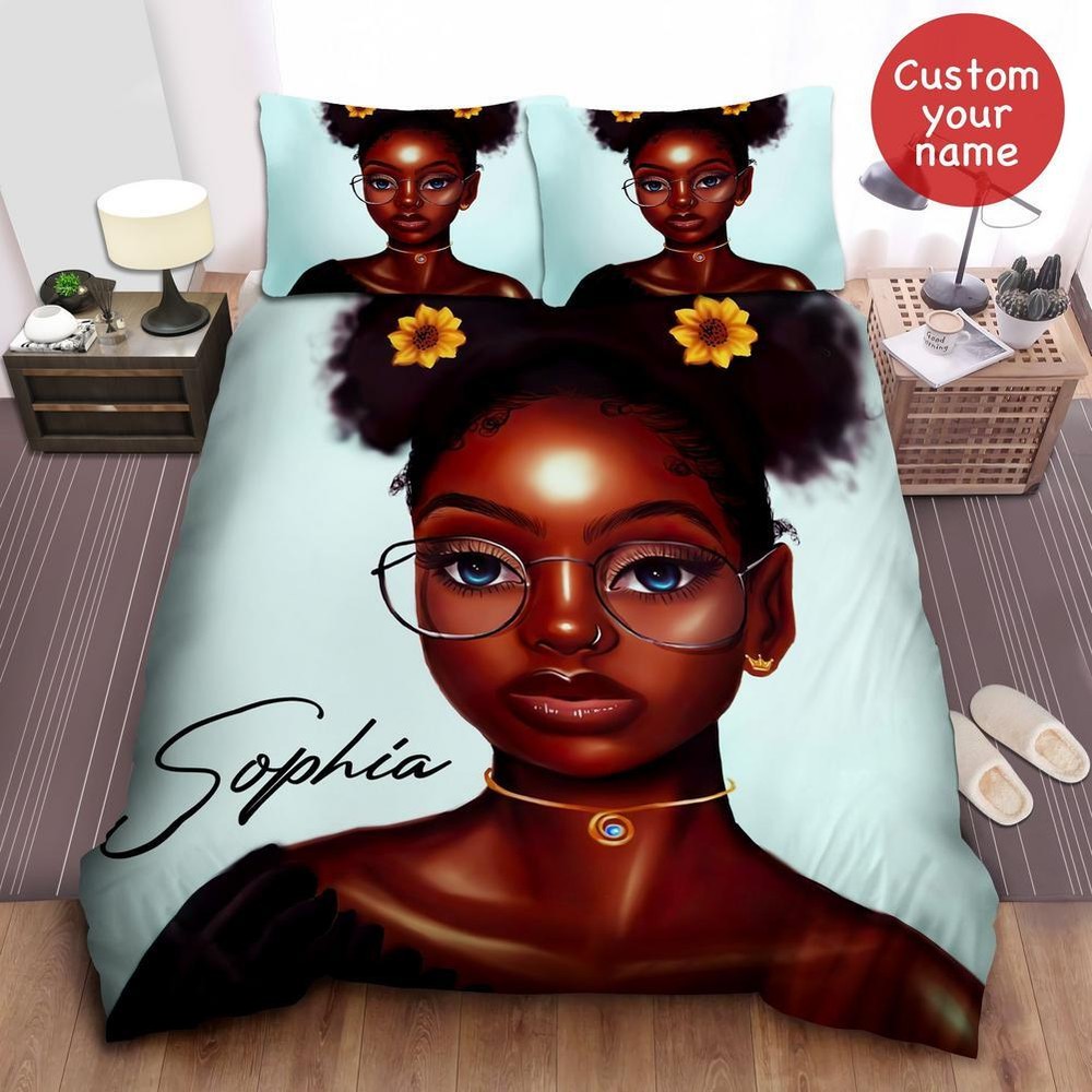 Personalized Black Girl Glasses Sunflowers On Her Hair Quilt Duvet Cover Set