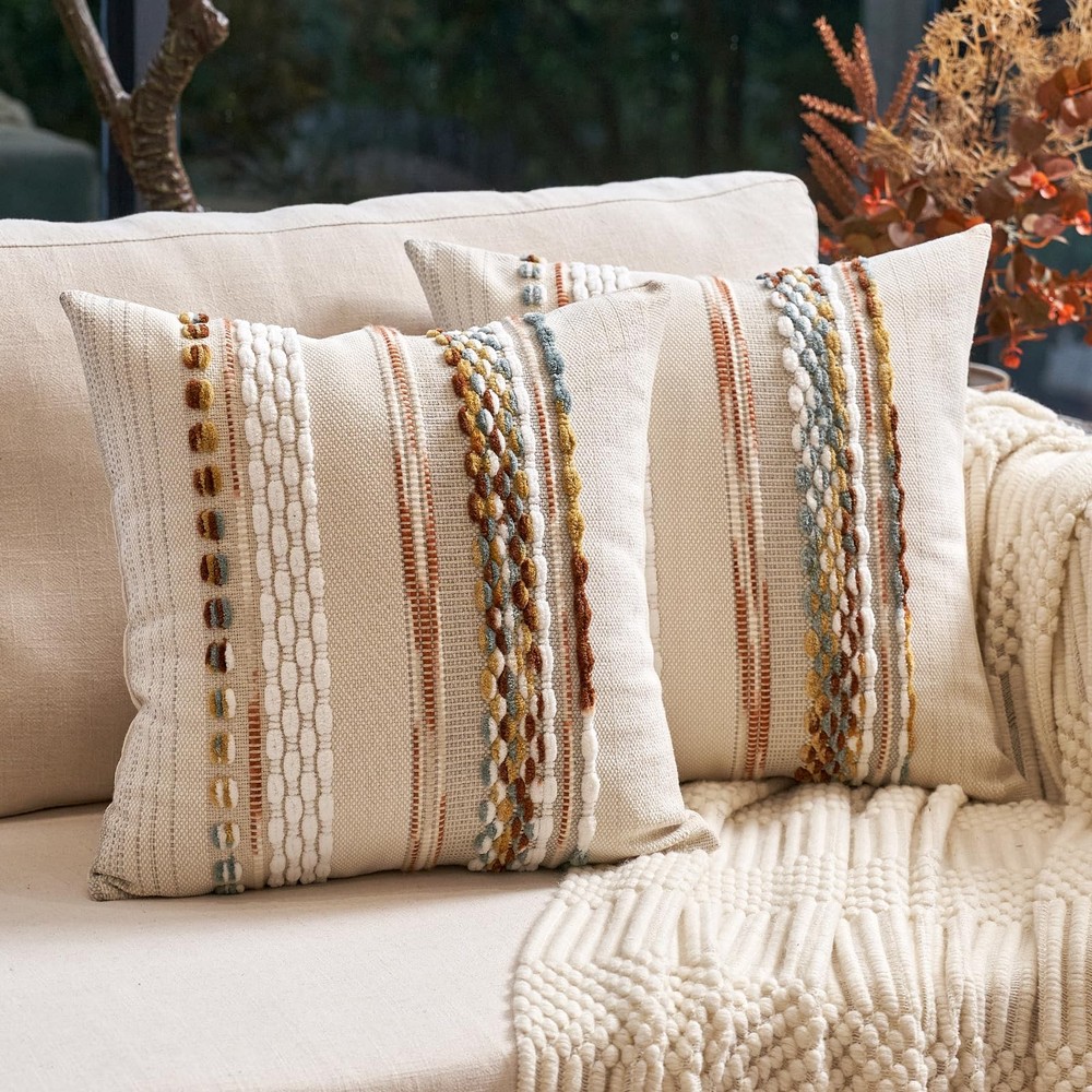 Boho Throw Pillow Covers 18x18 Inch Set of 2, Farmhouse Decorative Striped Sq...