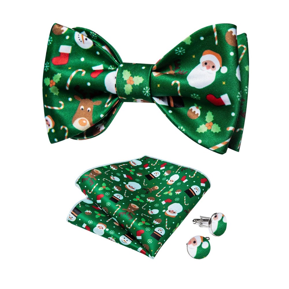 Mens Christmas Bow Tie Silk Festival Self Bowtie and Pocket Square Cufflink S...