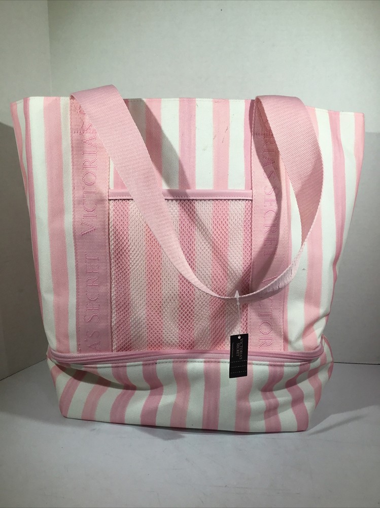Victoria's Secret Pink / White Striped Cooler Tote Bag Pocket Extendable CW1-502