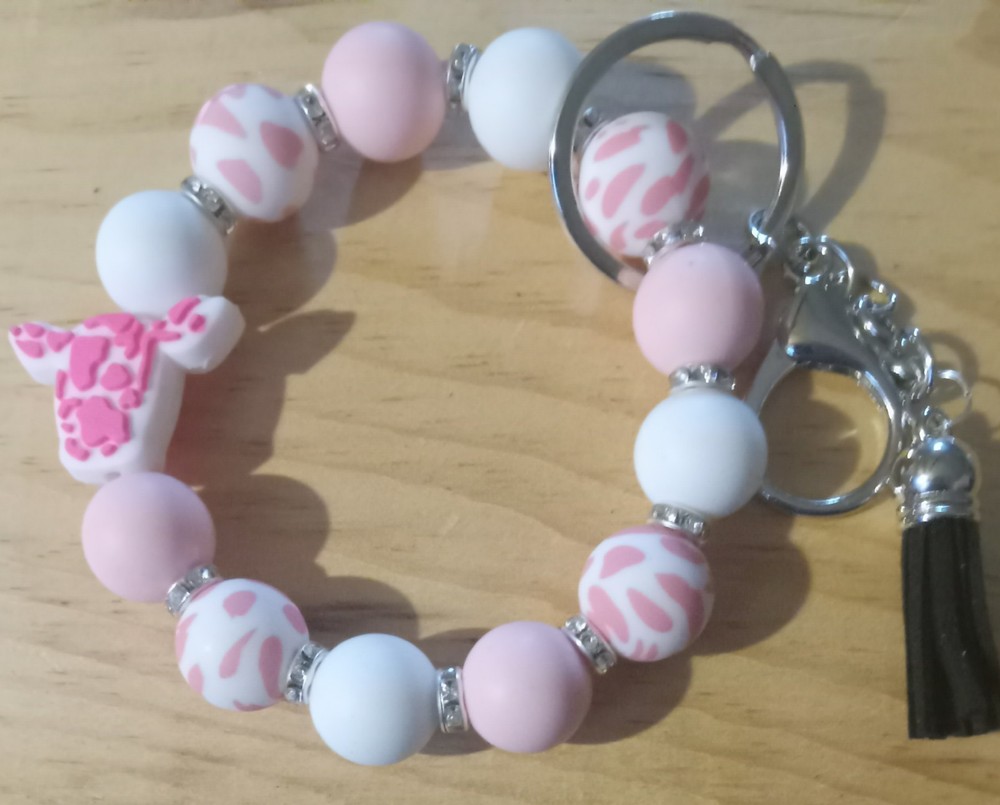 Pink Cow Print Elastic Wristlet Keychain with Adorable Mini Tassel
