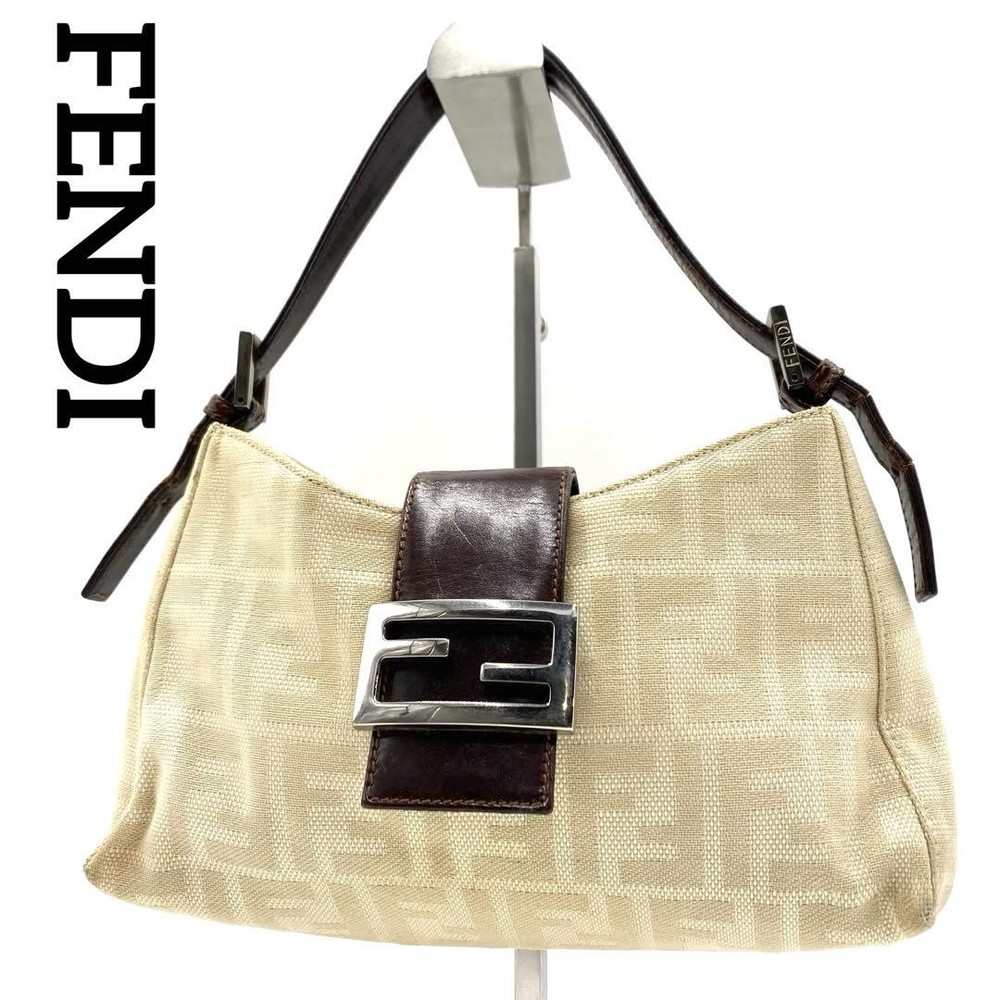 FENDI FF Beige Cotton Shoulder Bag Authentic G06152219