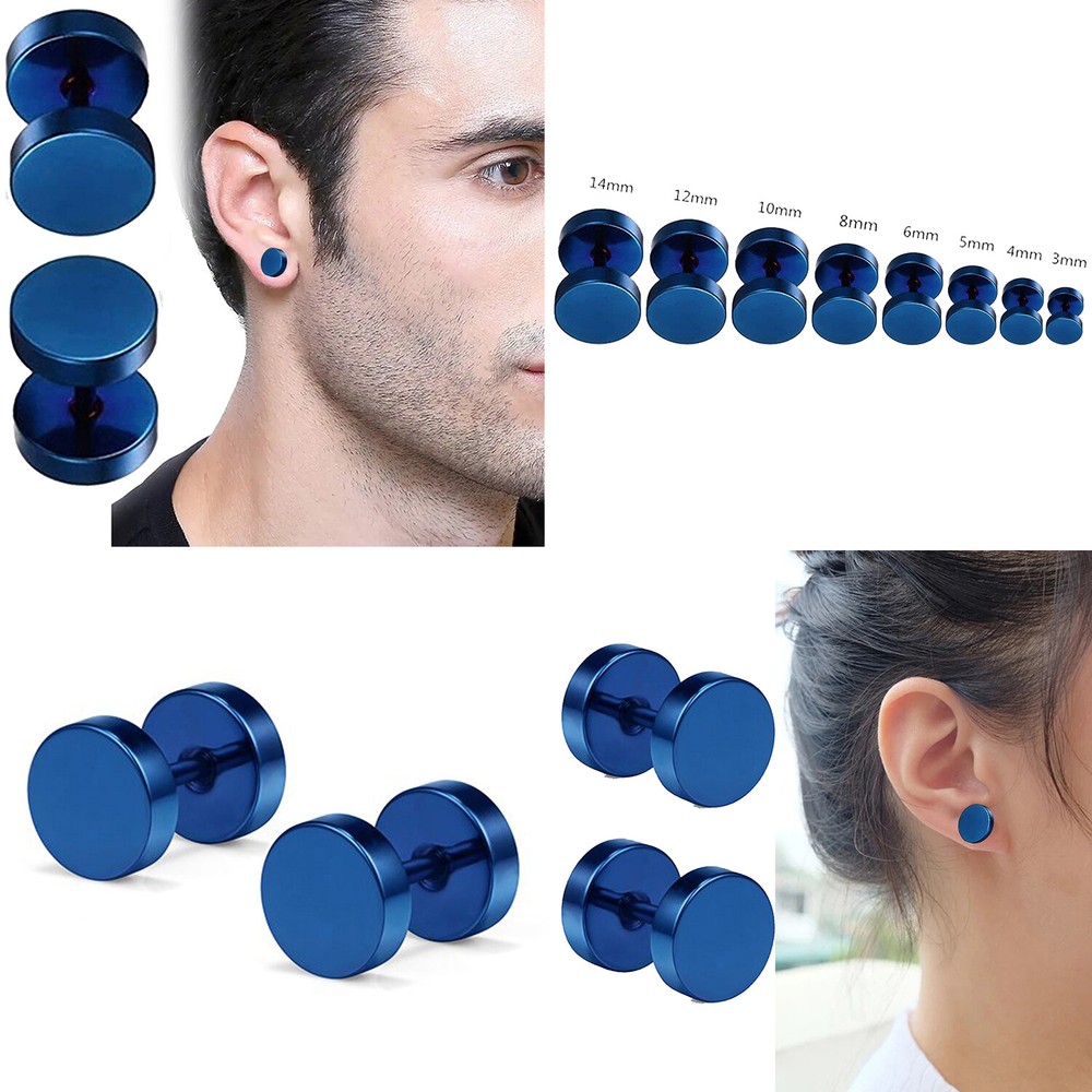 Round Barbell Stainless Steel Men Women Dumbbell Ear Stud Earrings Unisex D