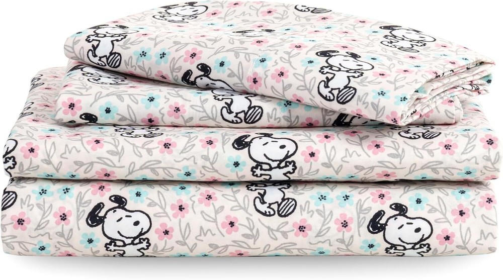 Snoopy Floral Grey 4-Piece Kids Microfiber Sheet Set