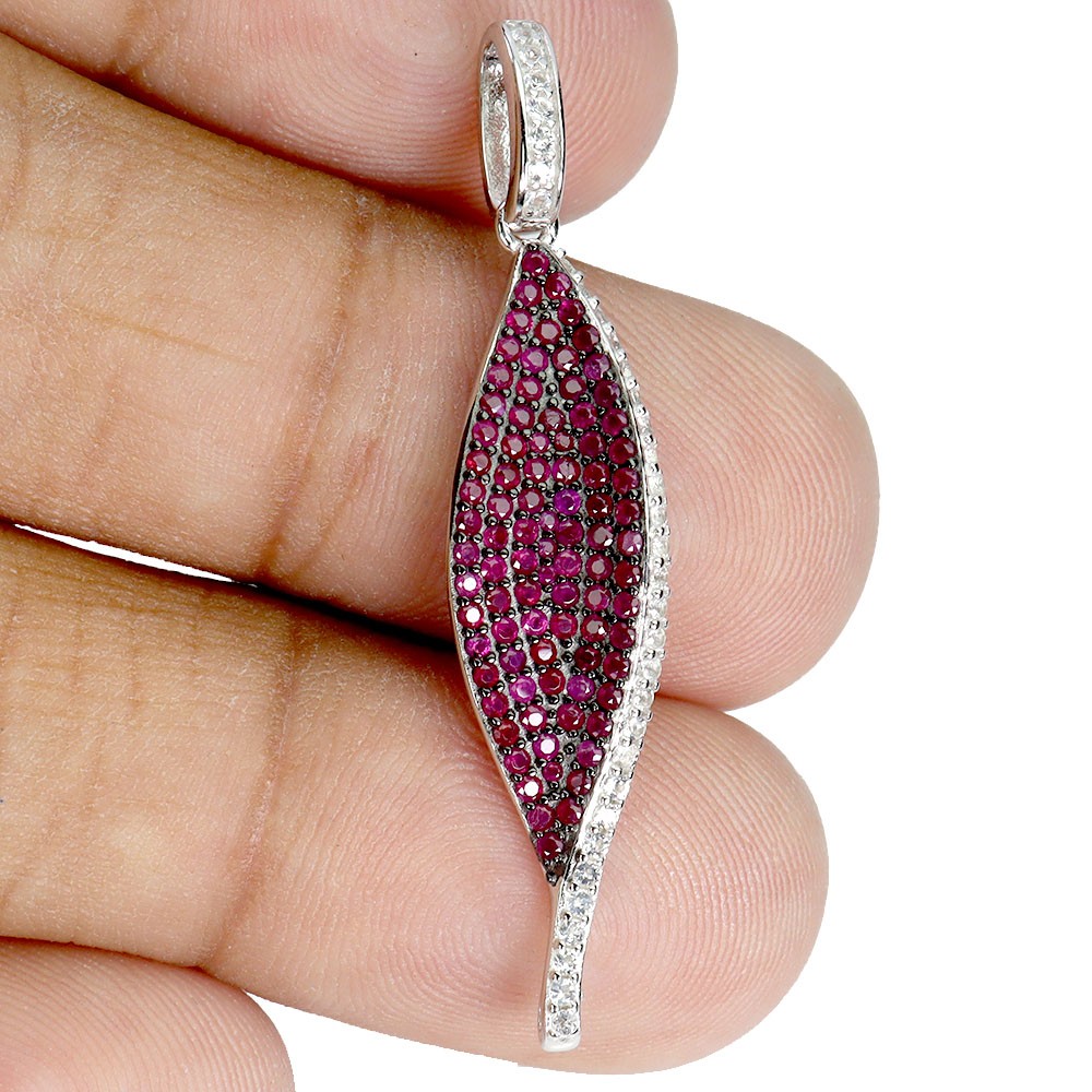 925 Sterling Silver Pendant Ruby Myanmar Round Diamond Cut Topaz Gemstone