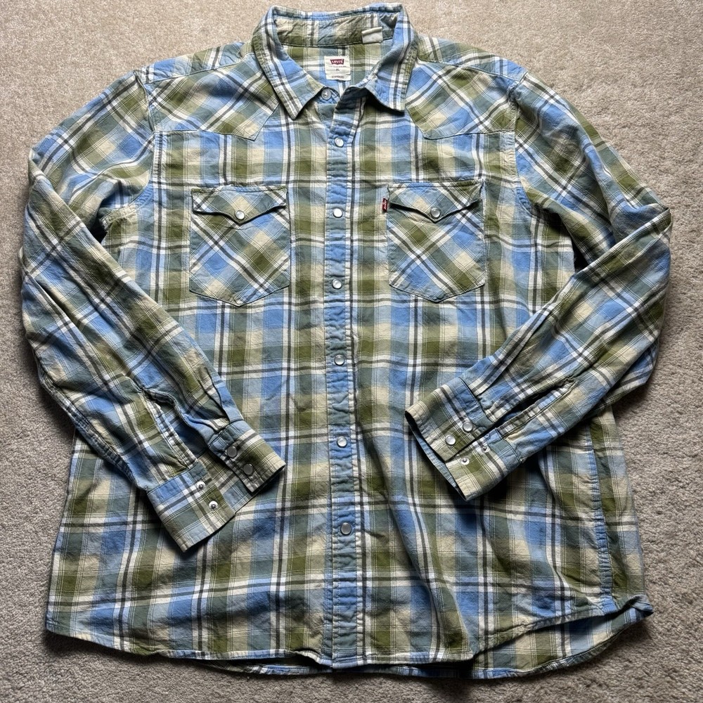 Levis Plaid Pearl Snap Button Up Shirt Mens XL Standard Blue