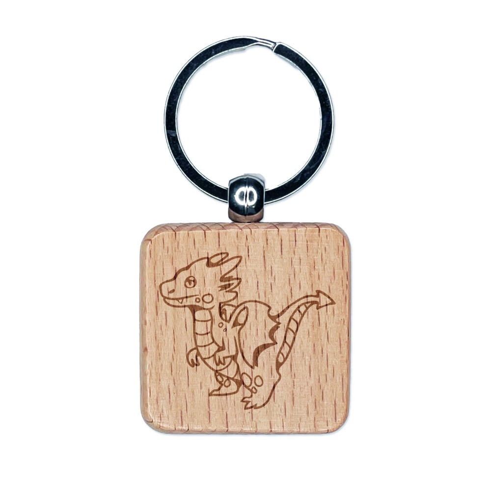 Adorable Kawaii Dragon Engraved Wooden Keychain Charm  