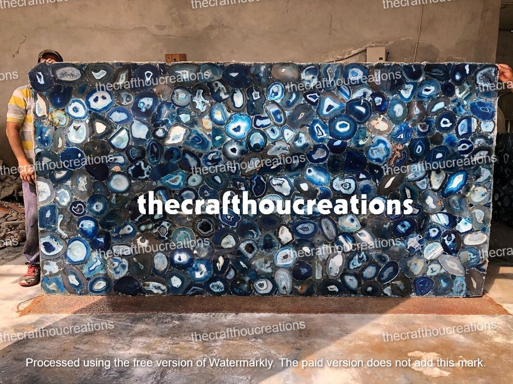 Blue Agate Geode Dining Table Top with Natural Stone Slab for Office or Christmas Sale-image