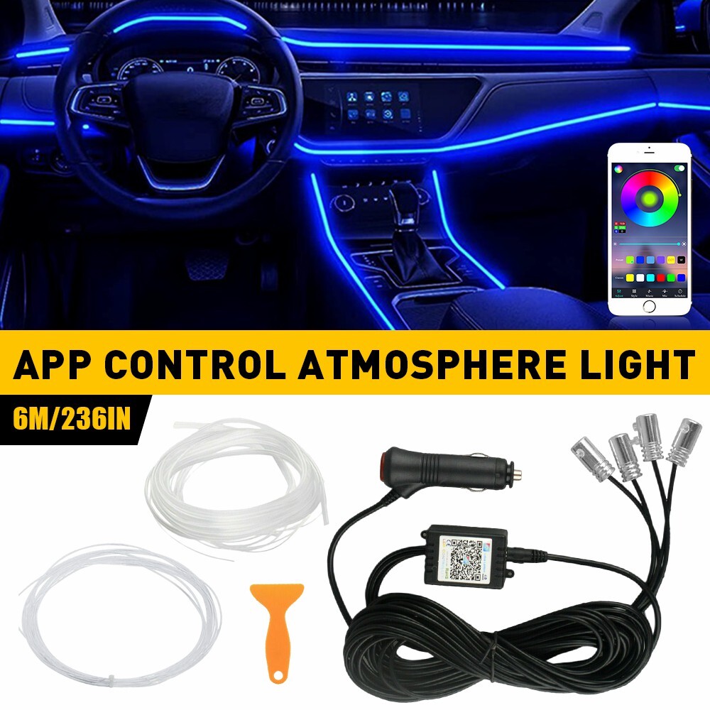 20 Ft 6M RGB LED Car Interior Fiber Optic Neon Strip Atmosphere Light Kit APP S